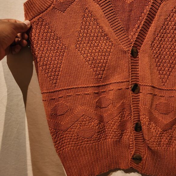 Vintage Perry Ellis America Burnt Orange Argyle Chunky Knit Vest Women's Large - Picture 2 of 8